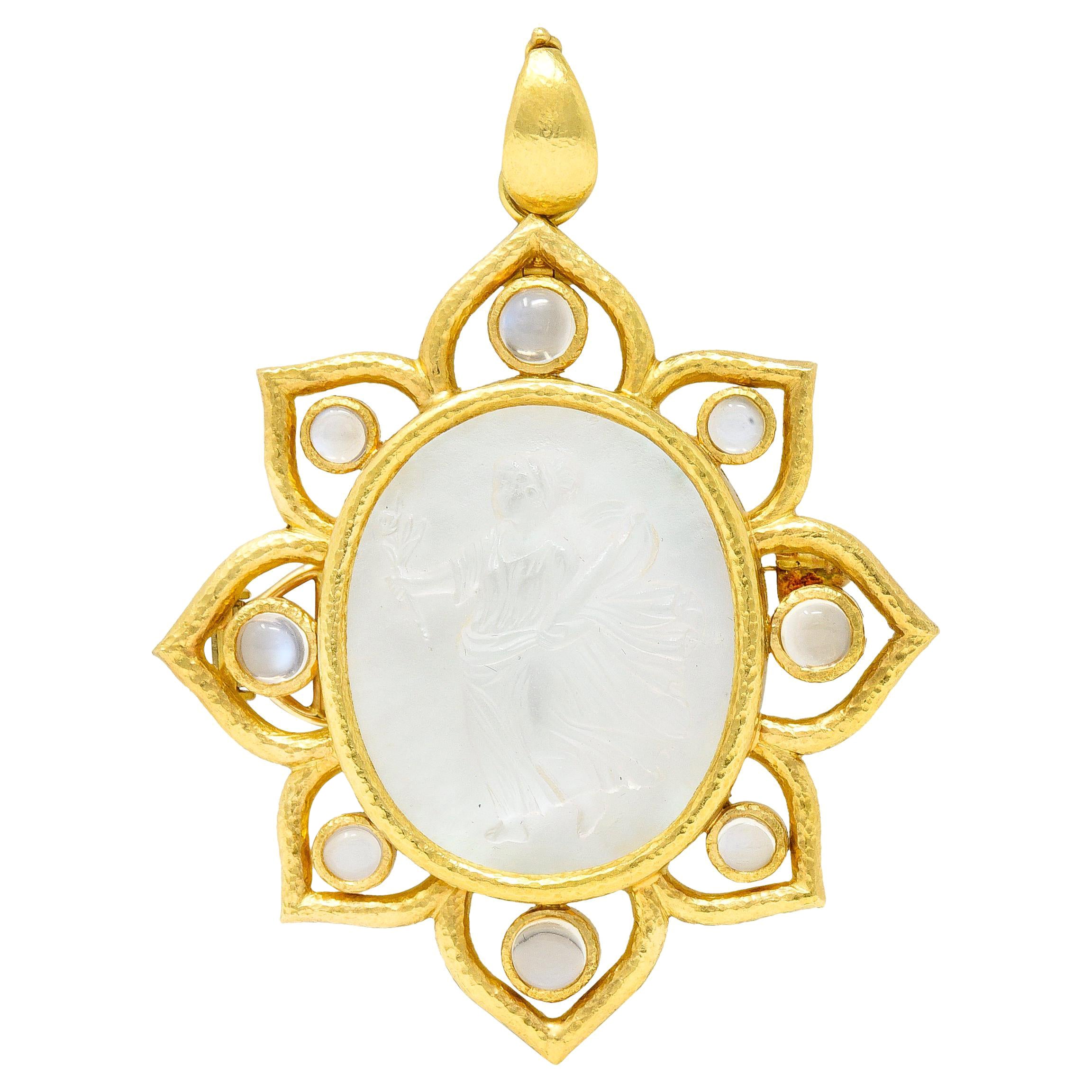 Elizabeth Locke Moonstone Glass Pearl 18 Karat Gold Goddess Pendant Brooch