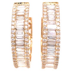 18K Round and Baguette Diamond Hoop Earrings Yellow Gold