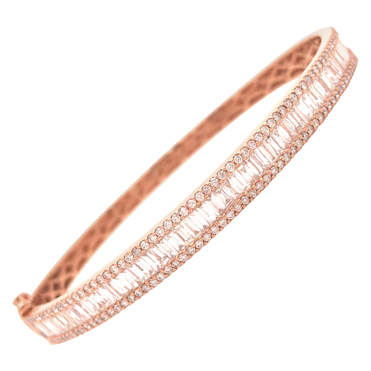 18K Round and Baguette Diamond Bangle Rose Gold For Sale
