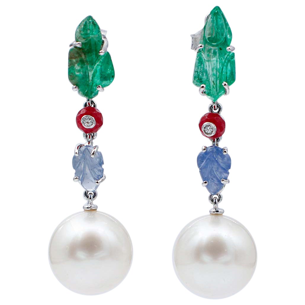 South-Sea Pearls, Emeralds, Sapphires, Rubies, Diamonds, Platinum  Earrings