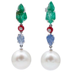 South-Sea Pearls, Emeralds, Sapphires, Rubies,Diamonds, Platinum Dangle Earrings