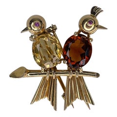 Retro 18 Karat Gold Citrine Quartz Two Birds Sitting on a Branch Pin Brooch