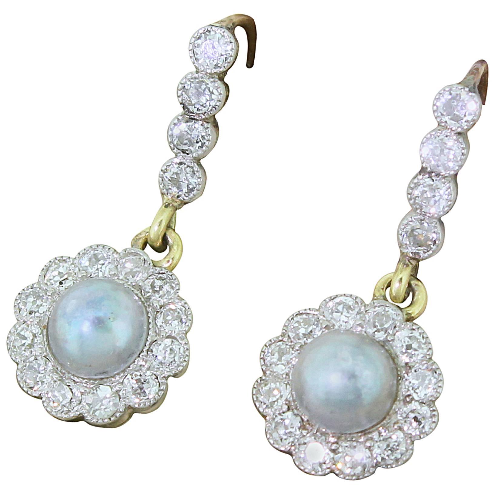 Victorian Grey Pearl & Old Cut Diamond Cluster Earrings, circa 1900 For Sale
