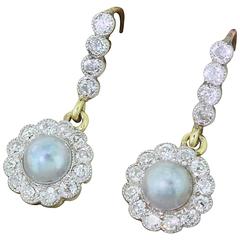 Antique Victorian Grey Pearl & Old Cut Diamond Cluster Earrings, circa 1900