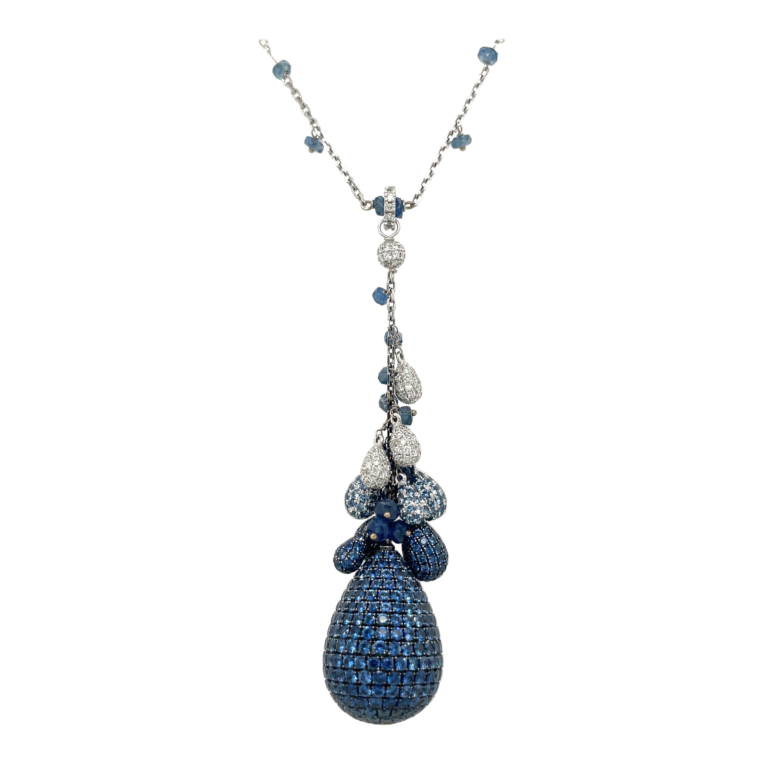 Mariani 18 KT White Gold 12.96CT Blue Sapphire 1.02 CT Diamond Drop Necklace For Sale