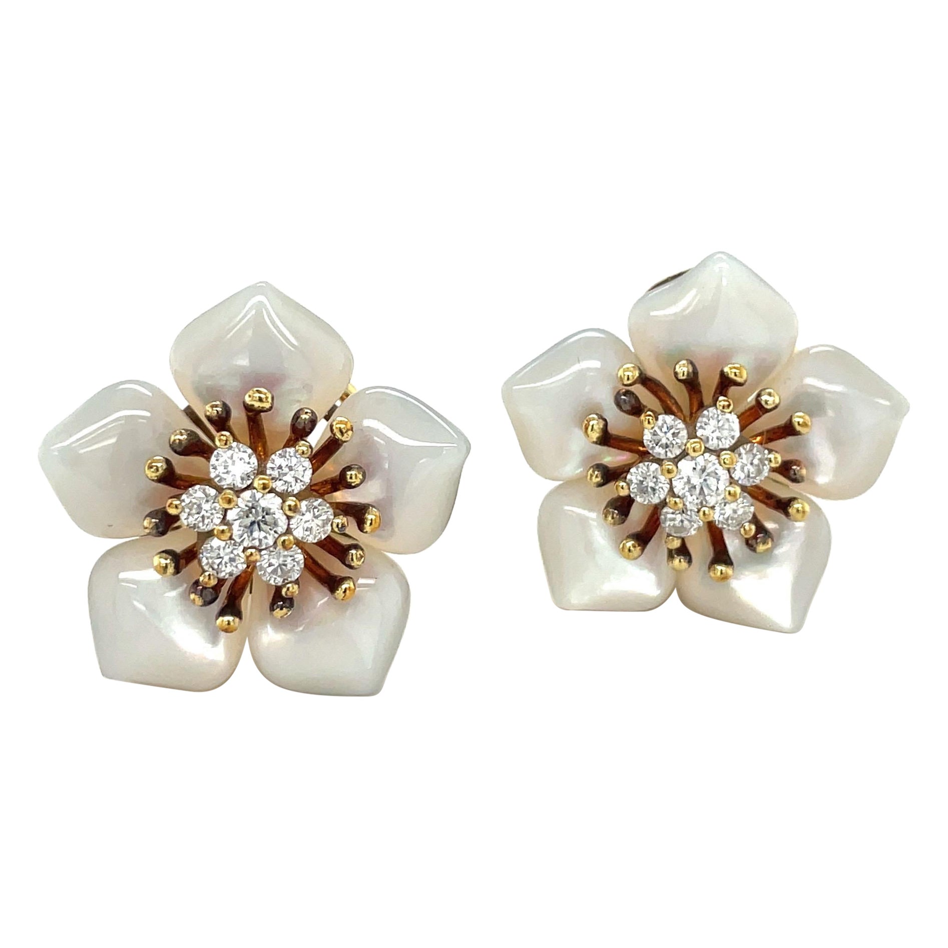 Asch Grossbardt 18 Kt YG .80 Ct Diamond & Mother of Pearl Flower Earrings For Sale