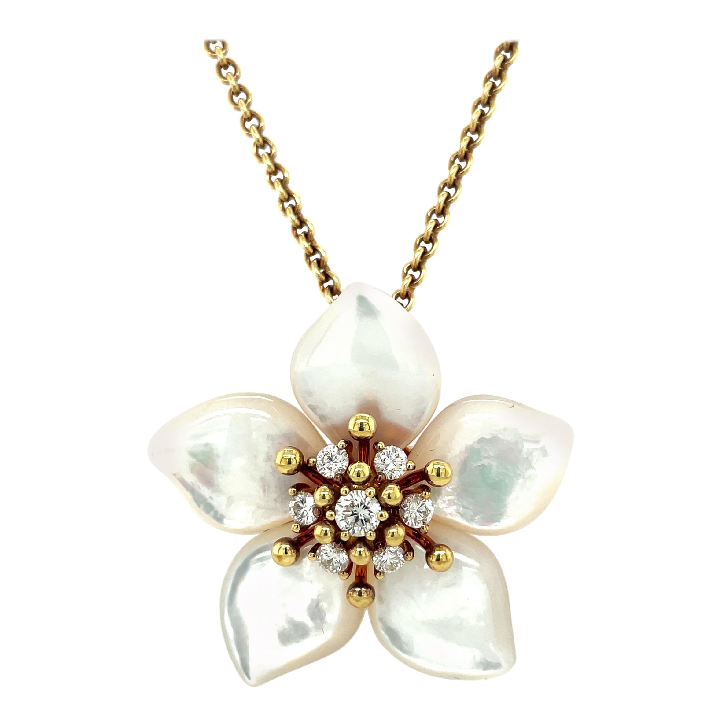 Asch Grossbardt 18KT YG .85Ct Diamond & Mother of Pearl Flower Pendant /Brooch For Sale