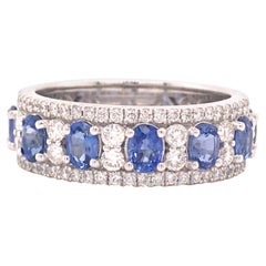 18K Diamond and Oval Sapphire Band White Gold