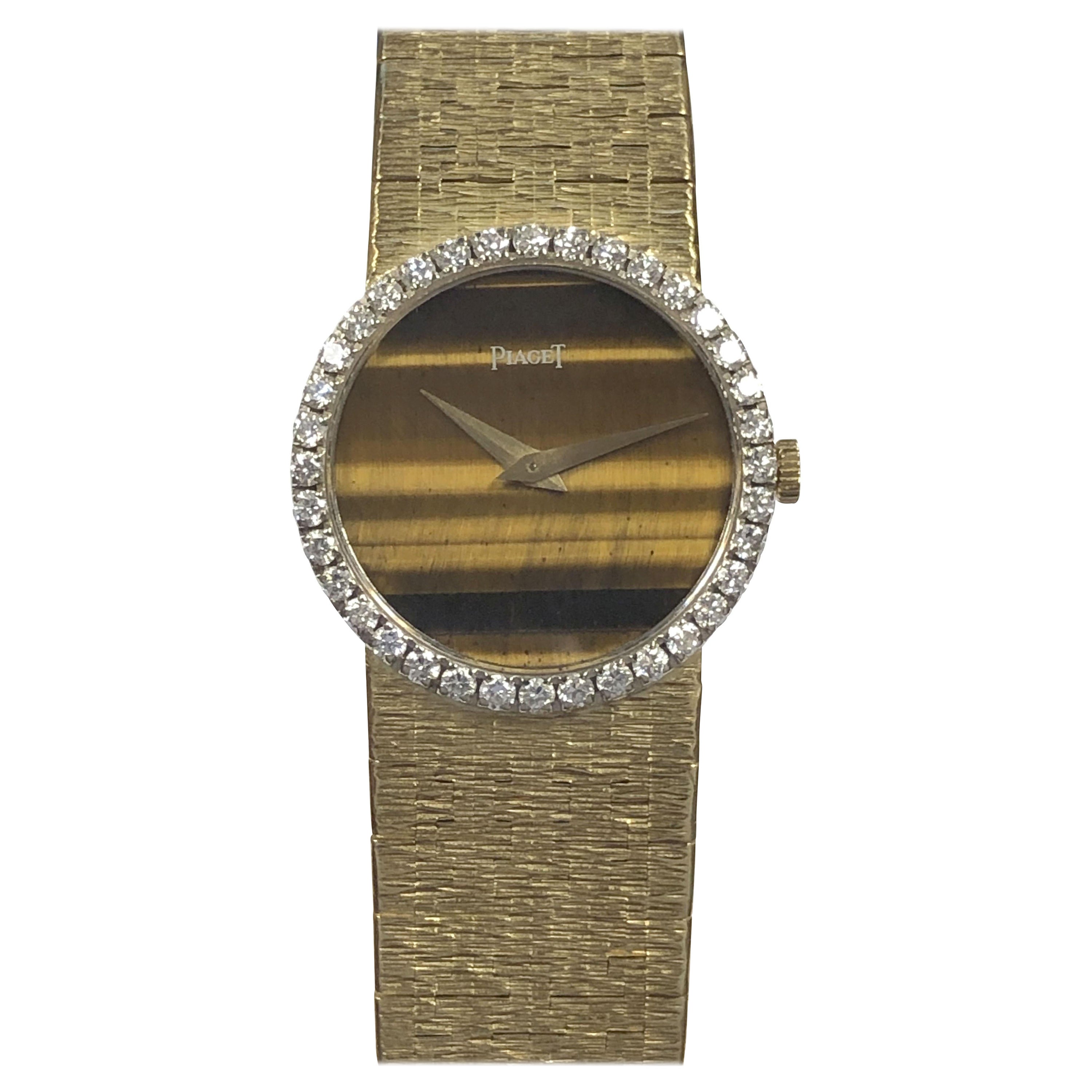 Piaget Yellow Gold Diamond Bezel and Tigers Eye Face Mechanical Wrist Watch For Sale