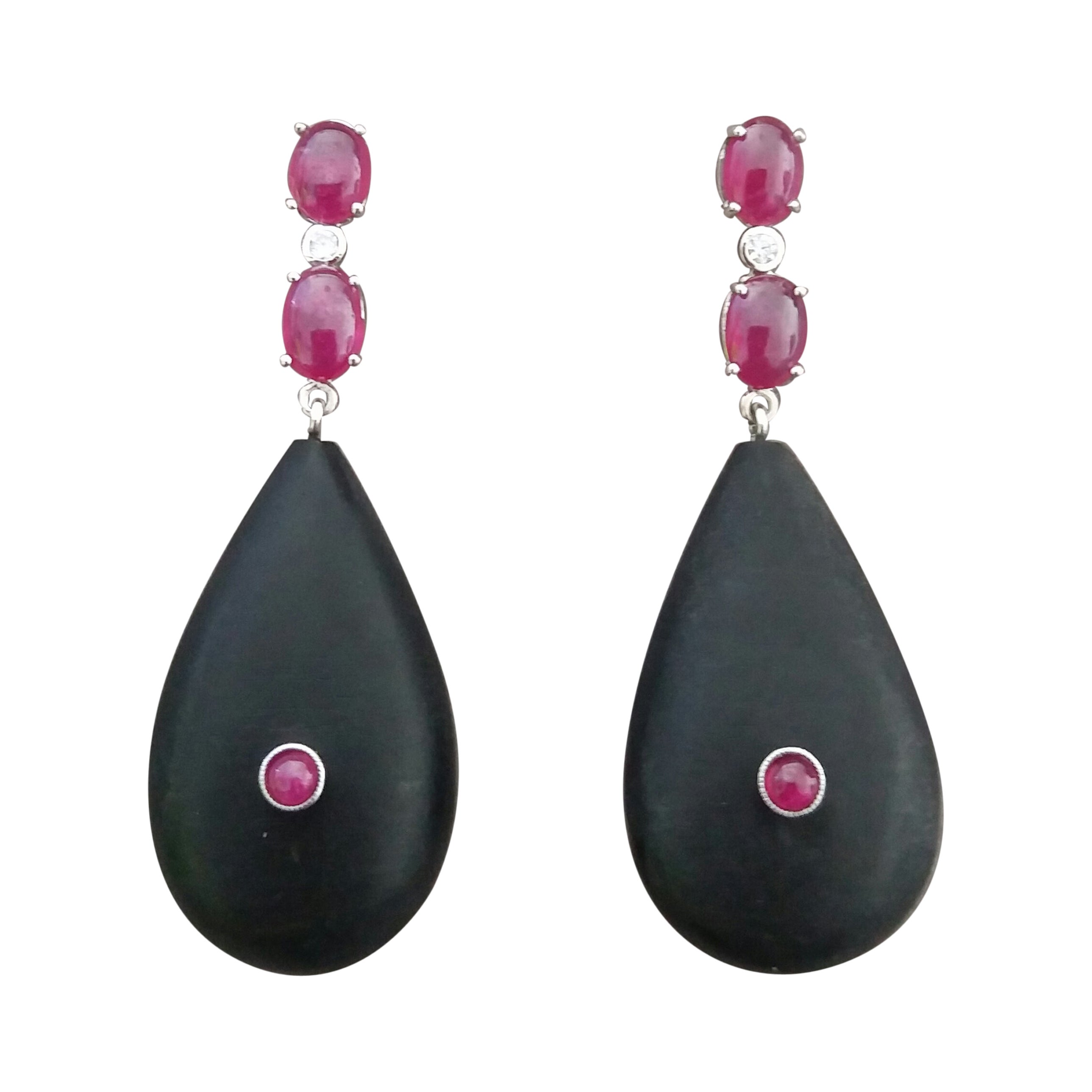 2 Ruby Oval Cabs 14K White Gold Diamonds Natural Ebony Wood Plain Drops Earrings For Sale