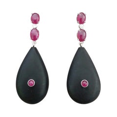 2 Ruby Oval Cabs 14K White Gold Diamonds Natural Ebony Wood Plain Drops Earrings