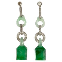 Art Deco Green Jadeite Jade Diamond Geometric Drop Earrings White Gold French