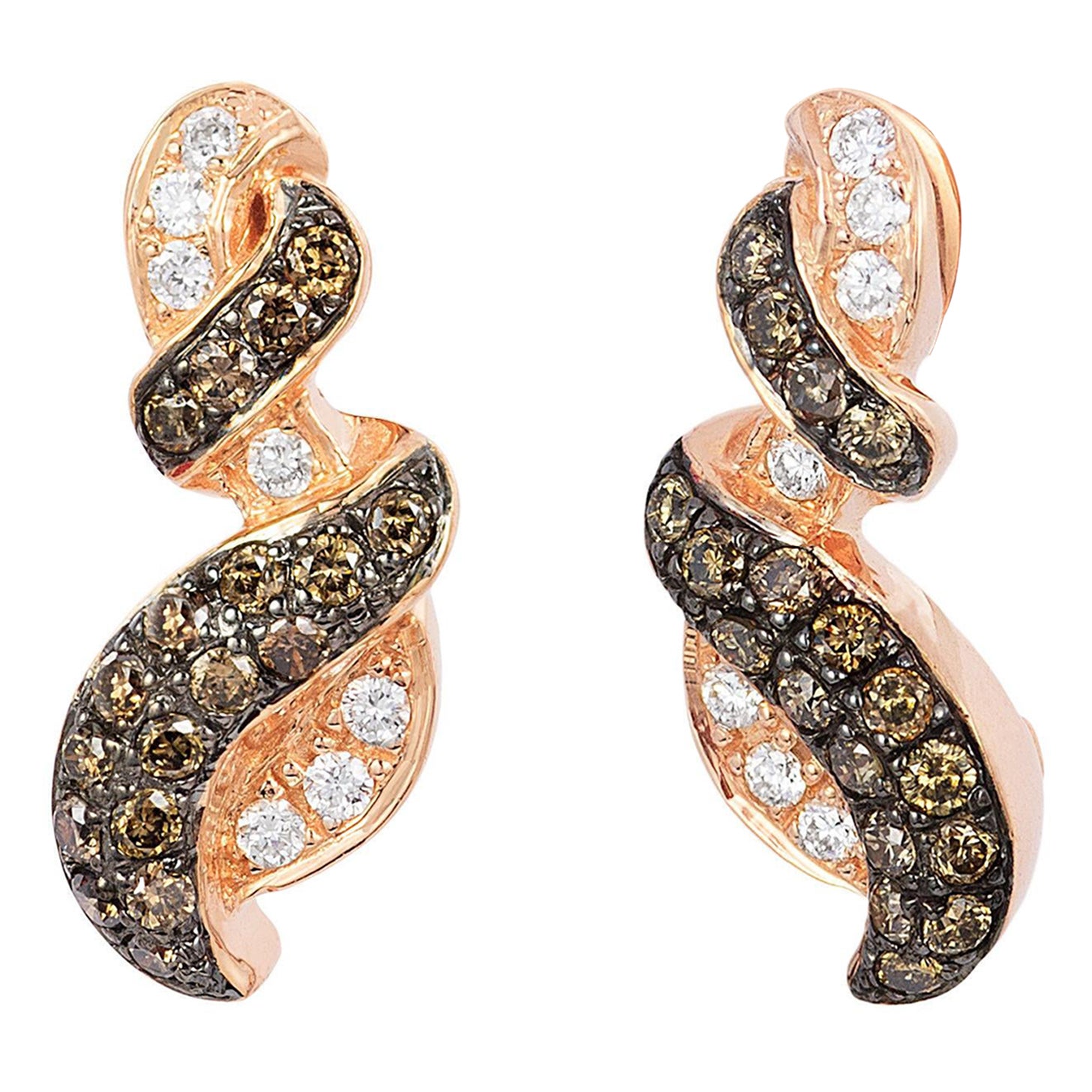 LeVian 14K Rose Gold Round Chocolate Brown Diamonds Beautiful Fancy Earrings For Sale