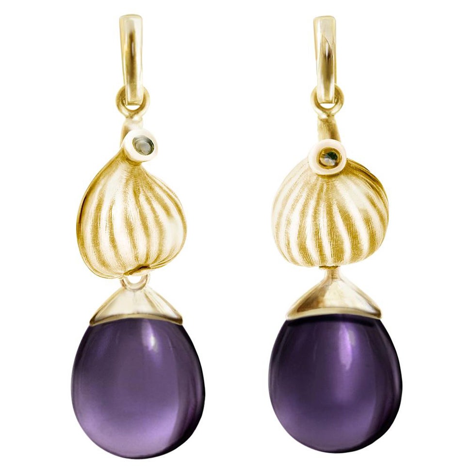 Yellow Gold Fig Fruits Cocktail Earrings with Amethysts by the Artist For Sale