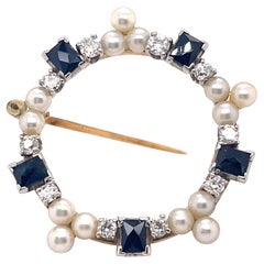Diamond, Sapphire, and Pearl 18k Yellow Gold Brooch
