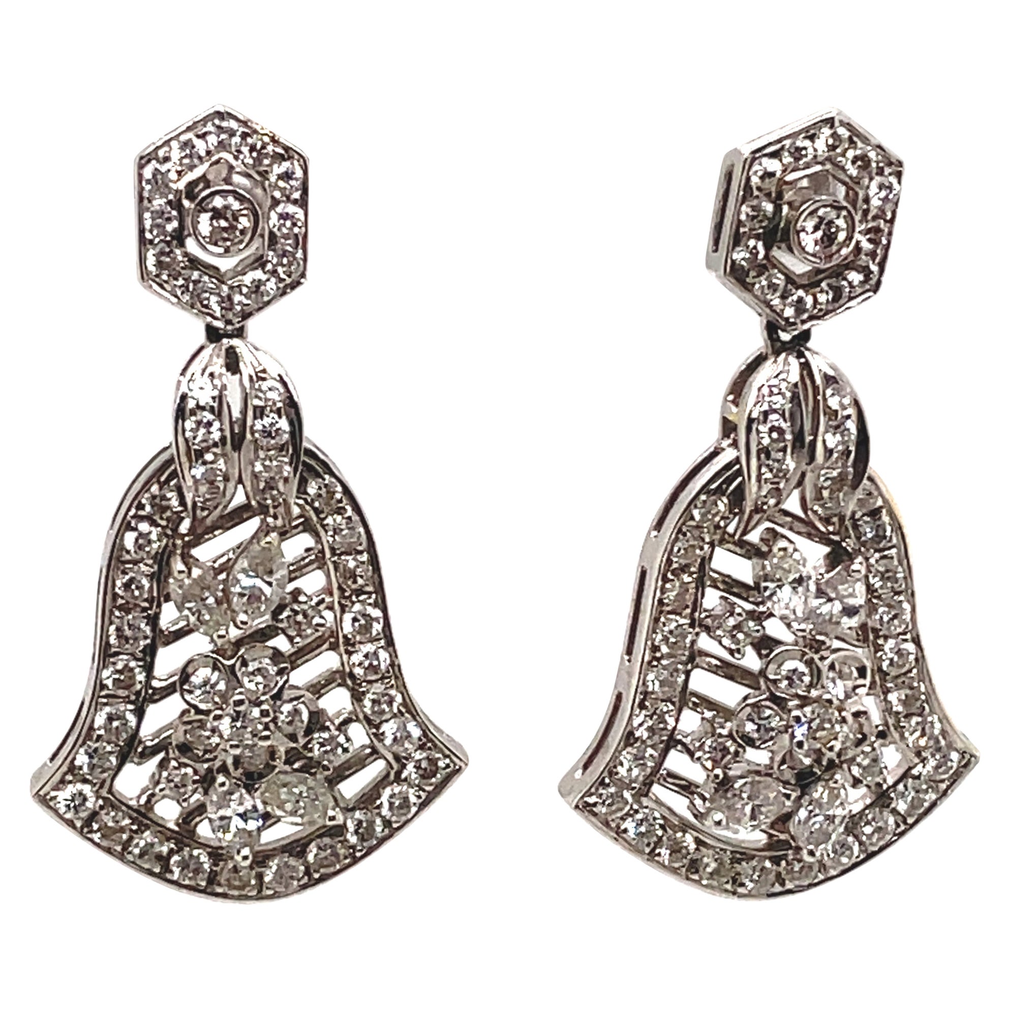 Art Deco Style Apx 2ct Diamond Bell Motif 18k White Gold Chandelier Earrings For Sale