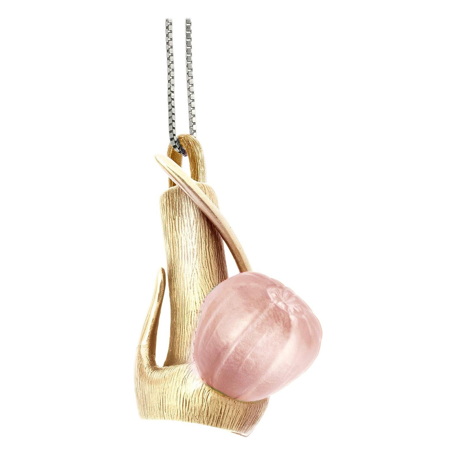 Fourteen Karat Yellow Gold Fig Garden Pendant Necklace With Pink Onyx For Sale