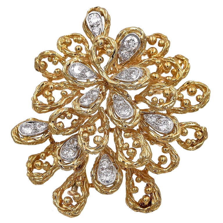Van Cleef and Arpels French Diamond Gold Brooch For Sale at 1stDibs