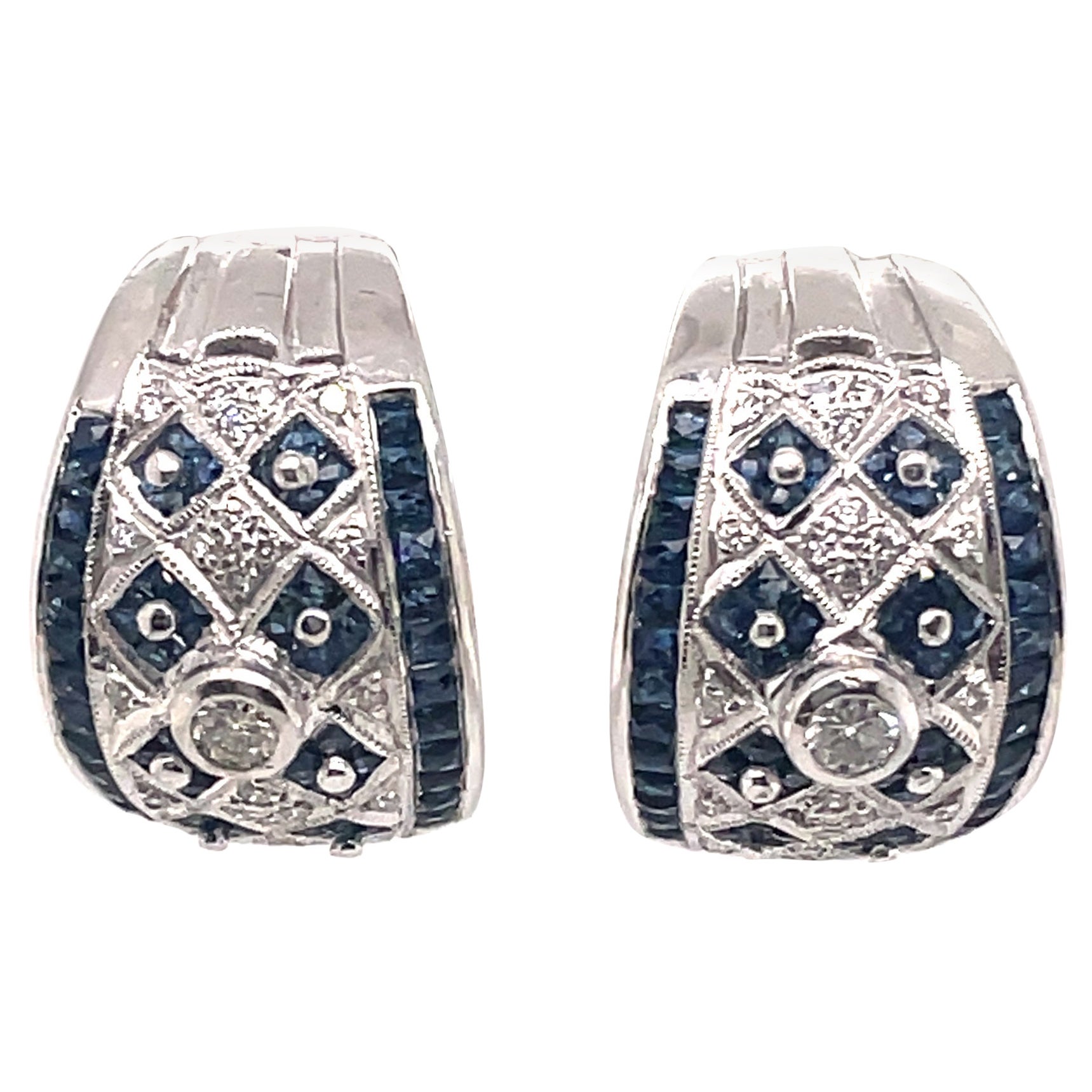 Art Deco Style Diamond & Sapphire 18k White Gold Earrings For Sale