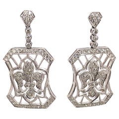Vintage 1.46ct Diamond Fleur De Lis 18k White Gold Earrings