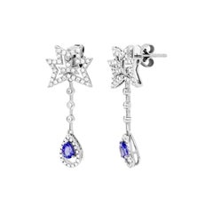 Clous d'oreilles pendants intemporels en or blanc avec tanzanite et diamants blancs pour elle