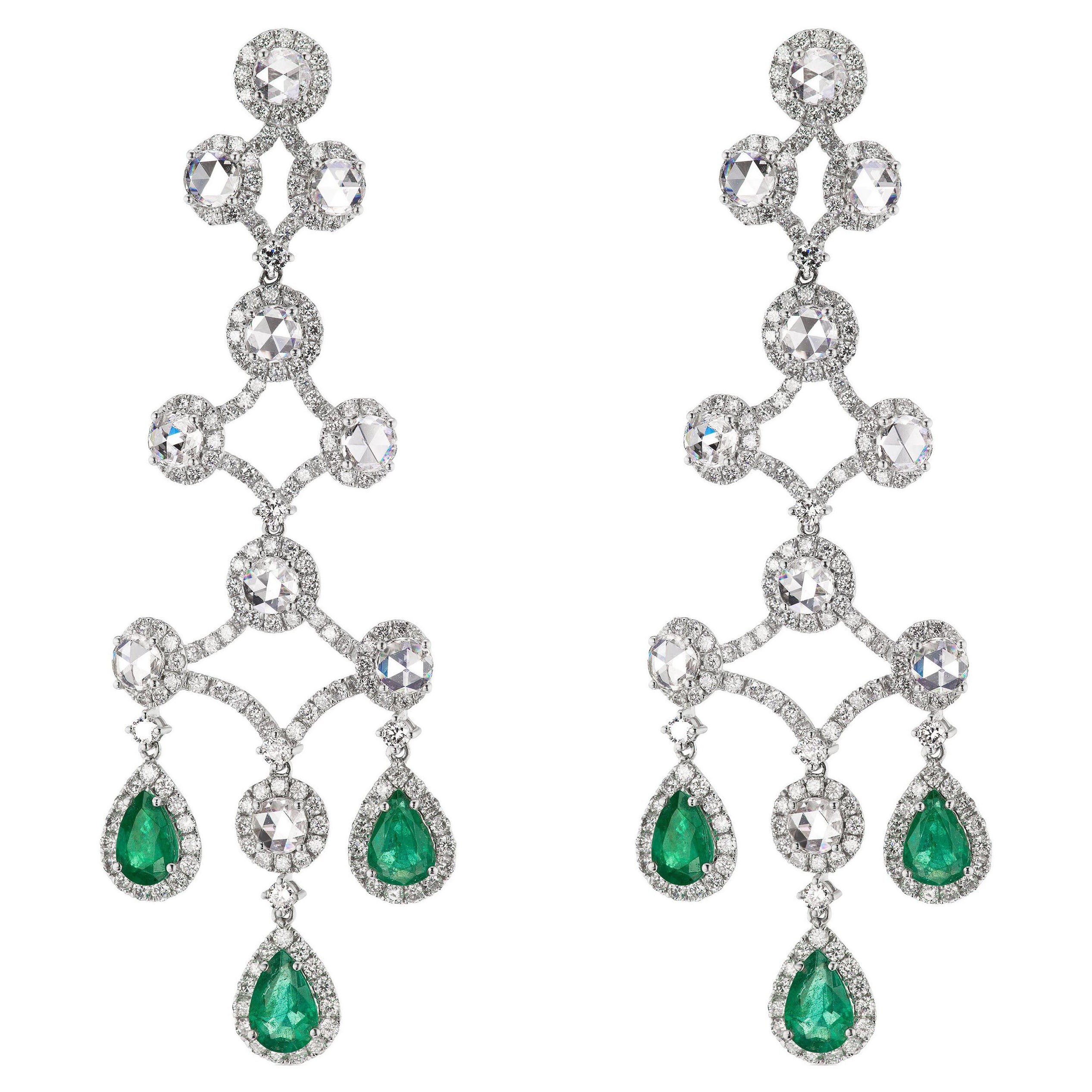 3.5ct. T.W. Emerald and 8.3ct. T.W. Diamond Chandelier Earrings, 18K White Gold For Sale