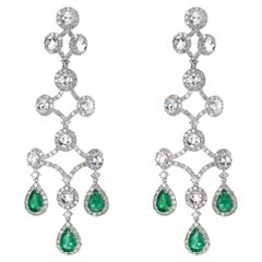 3.5ct. T.W. Emerald and 8.3ct. T.W. Diamond Chandelier Earrings, 18K White Gold