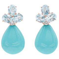 Turquoise, Aquamarine, Diamonds, 14 Karat Rose Gold Retrò Earrings