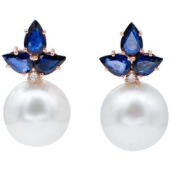 South-Sea Pearls, Sapphires, Diamonds, 14 Karat Rose Gold Earrings