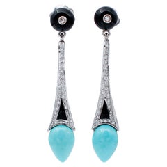 Turquoise, Diamonds, Onyx, Platinum Dangle Earrings