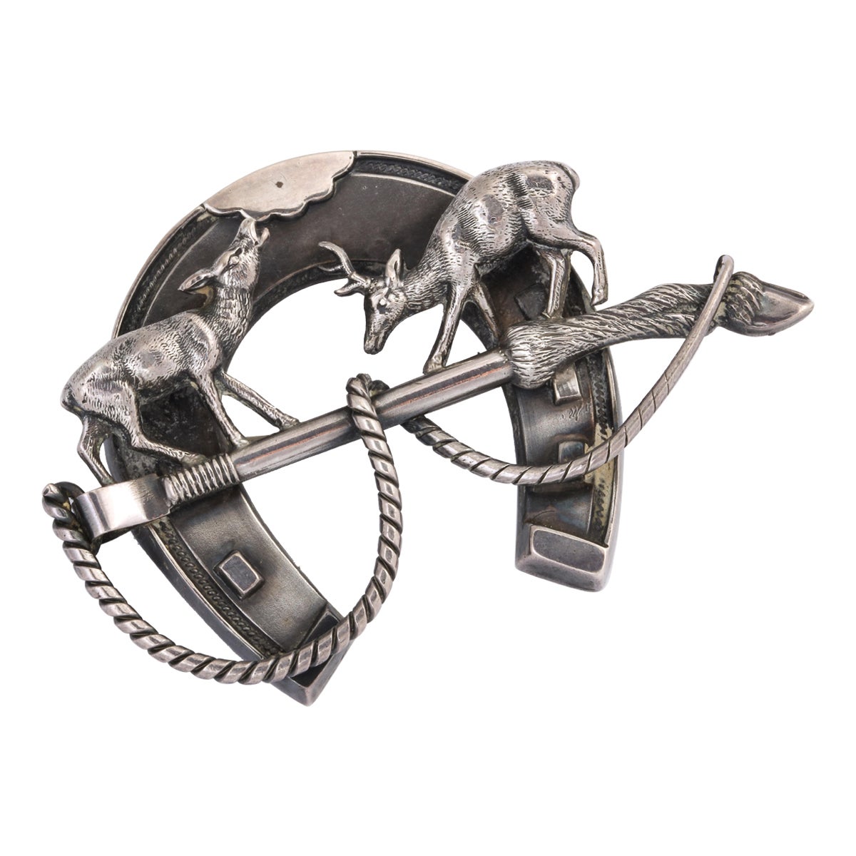 Broche victorienne écossaise en fer à cheval avec cerf tridimensionnel