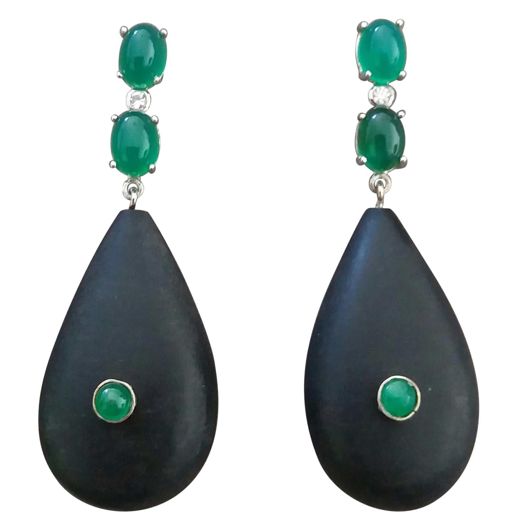 2 Emeralds Oval Cabs 14K White Gold Diamonds Ebony Wood Plain Drops Earrings