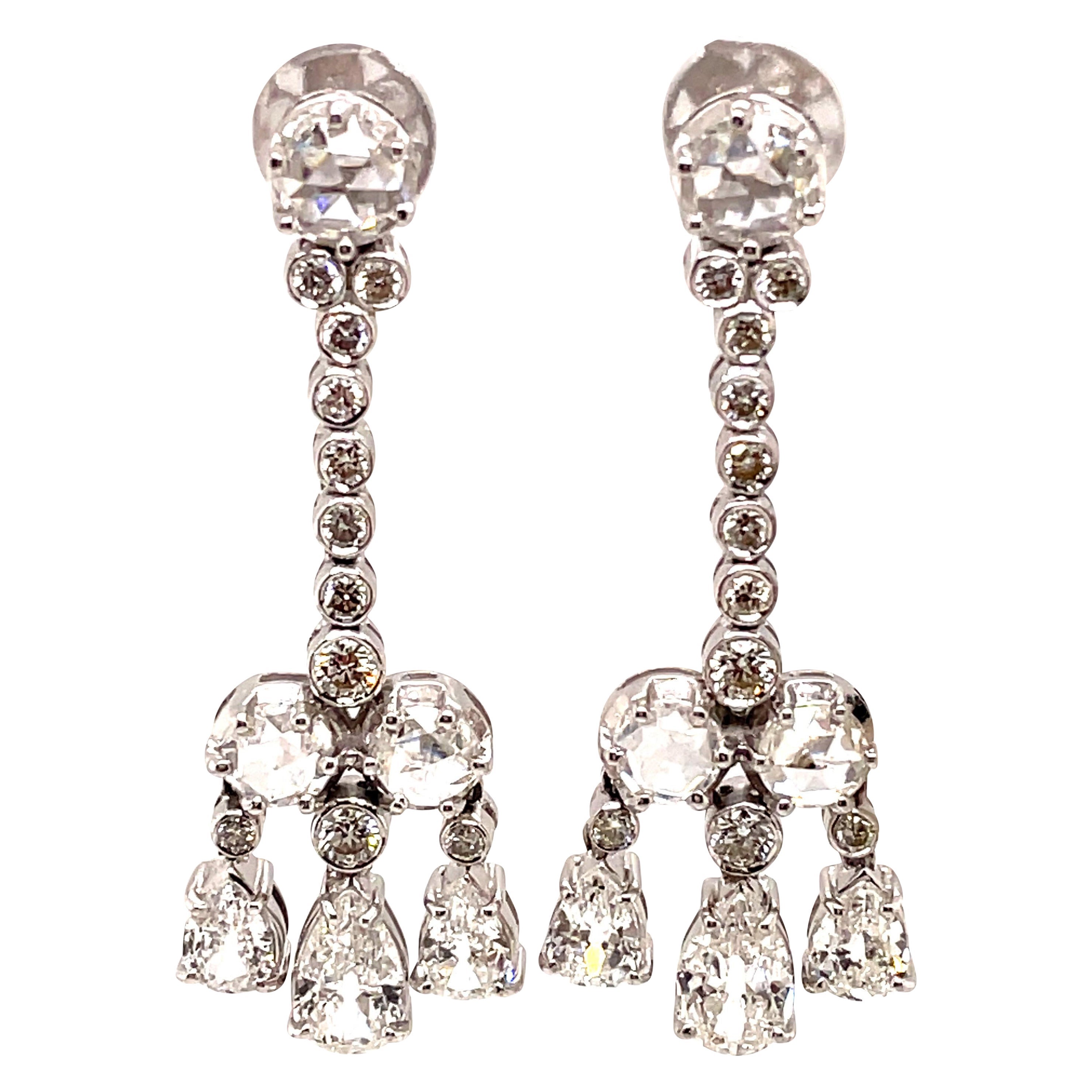 6.82ct Pear, Rose Cut, & Round Diamond Chandelier Earrings 18k White Gold For Sale