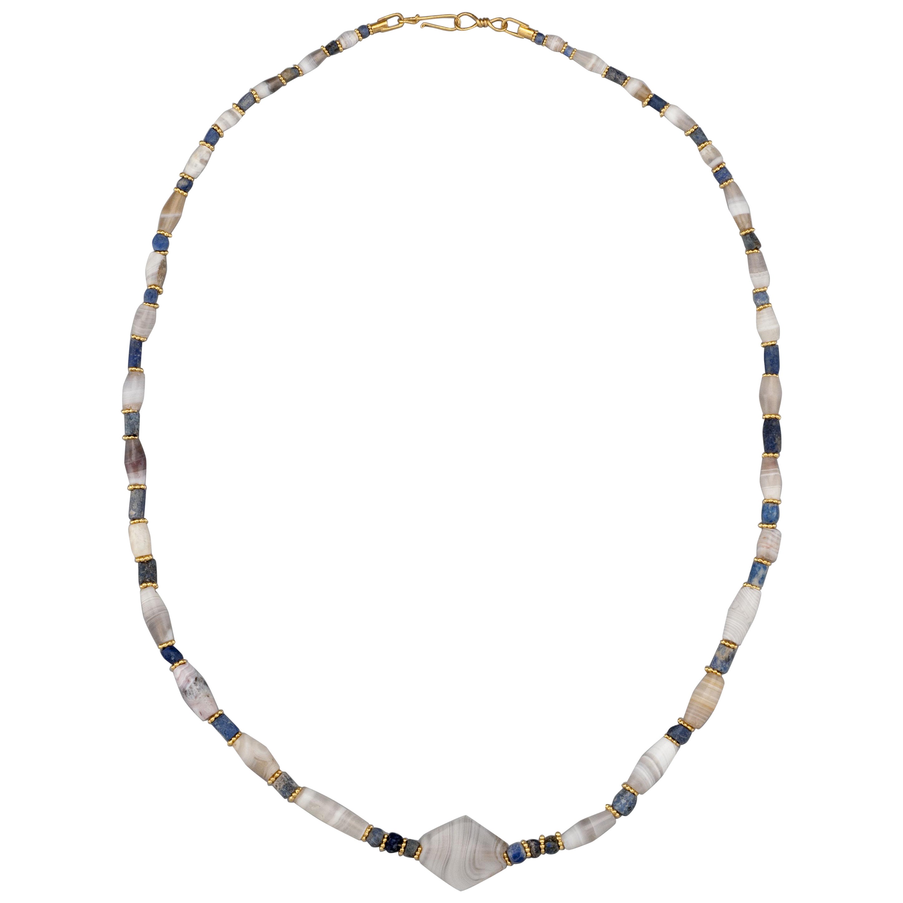 Ancient Chalcedony Barrel Beads, 20k Gold, and Lapis with Rhombus Center Bead For Sale