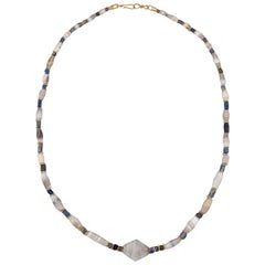 Ancient Chalcedony Barrel Beads, 20k Gold, and Lapis with Rhombus Center Bead