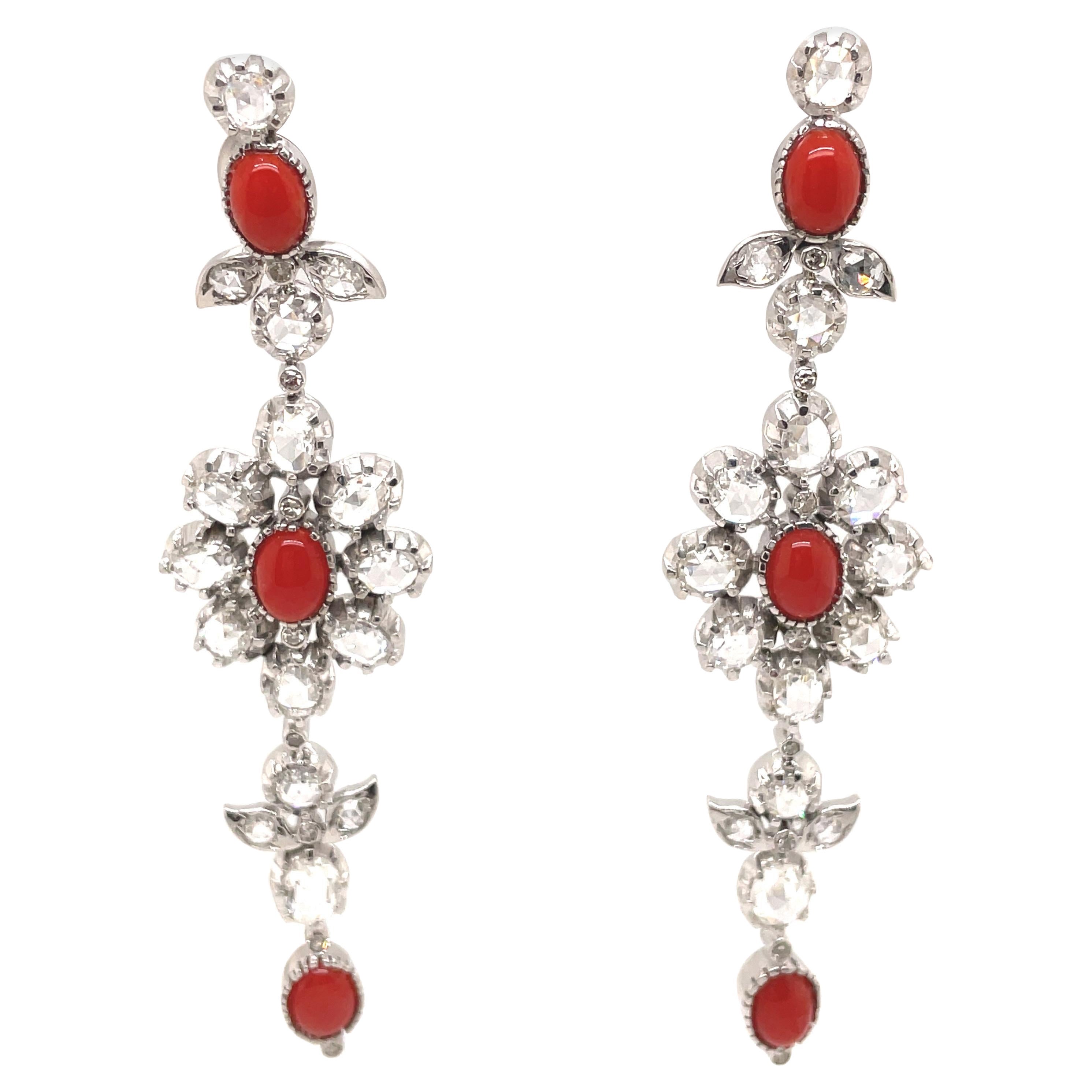 4.54ct Rose Cut Diamond and Coral Chandelier Earrings 18k White Gold For Sale