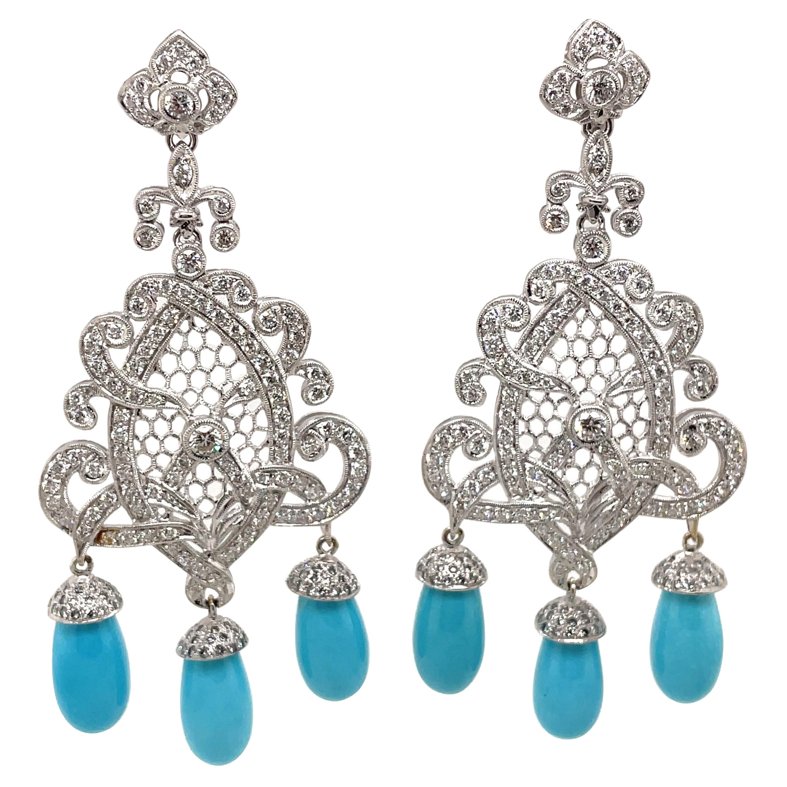 Edwardian Style 4.45ct Diamond and Turquoise Chandelier Earrings 18k White Gold For Sale