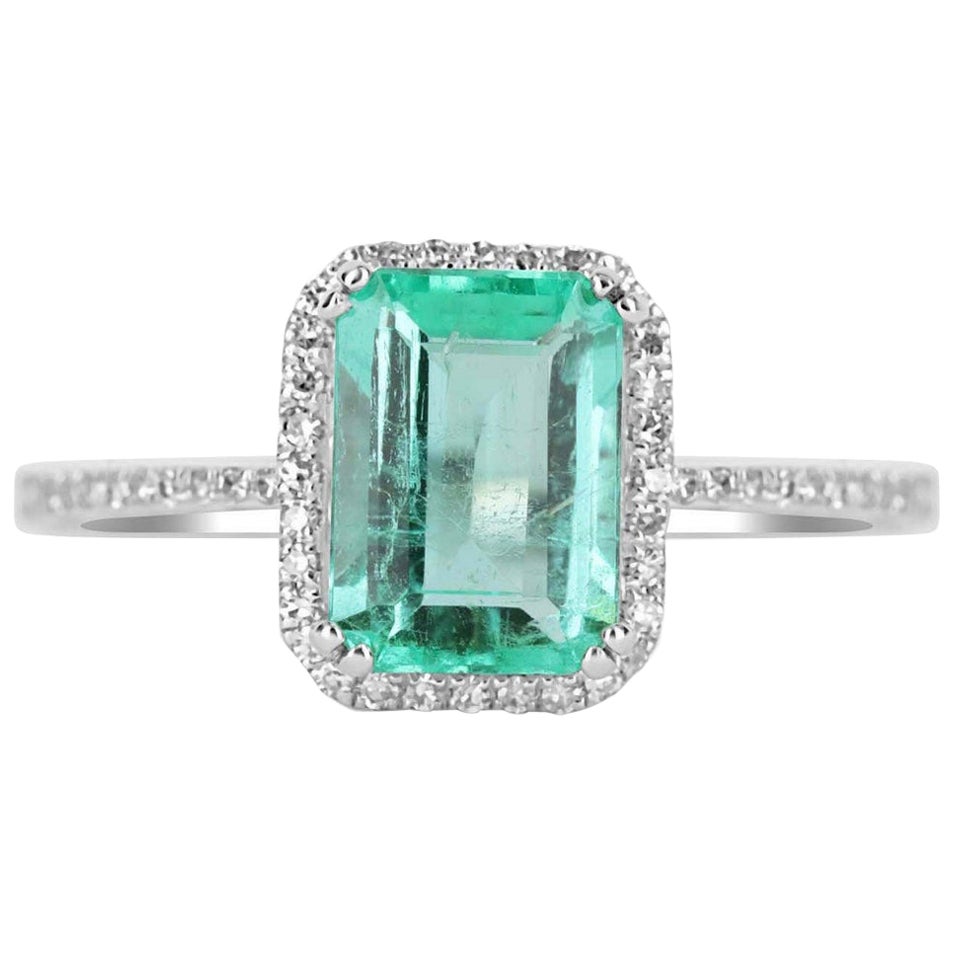 1.58tcw Colombian Emerald-Emerald Cut & Diamond Halo Anniversary Ring Gift 14K For Sale