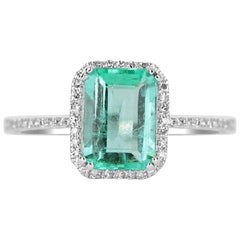 1.58tcw 14K Colombian Emerald-Emerald Cut & Diamond Halo Engagement Ring