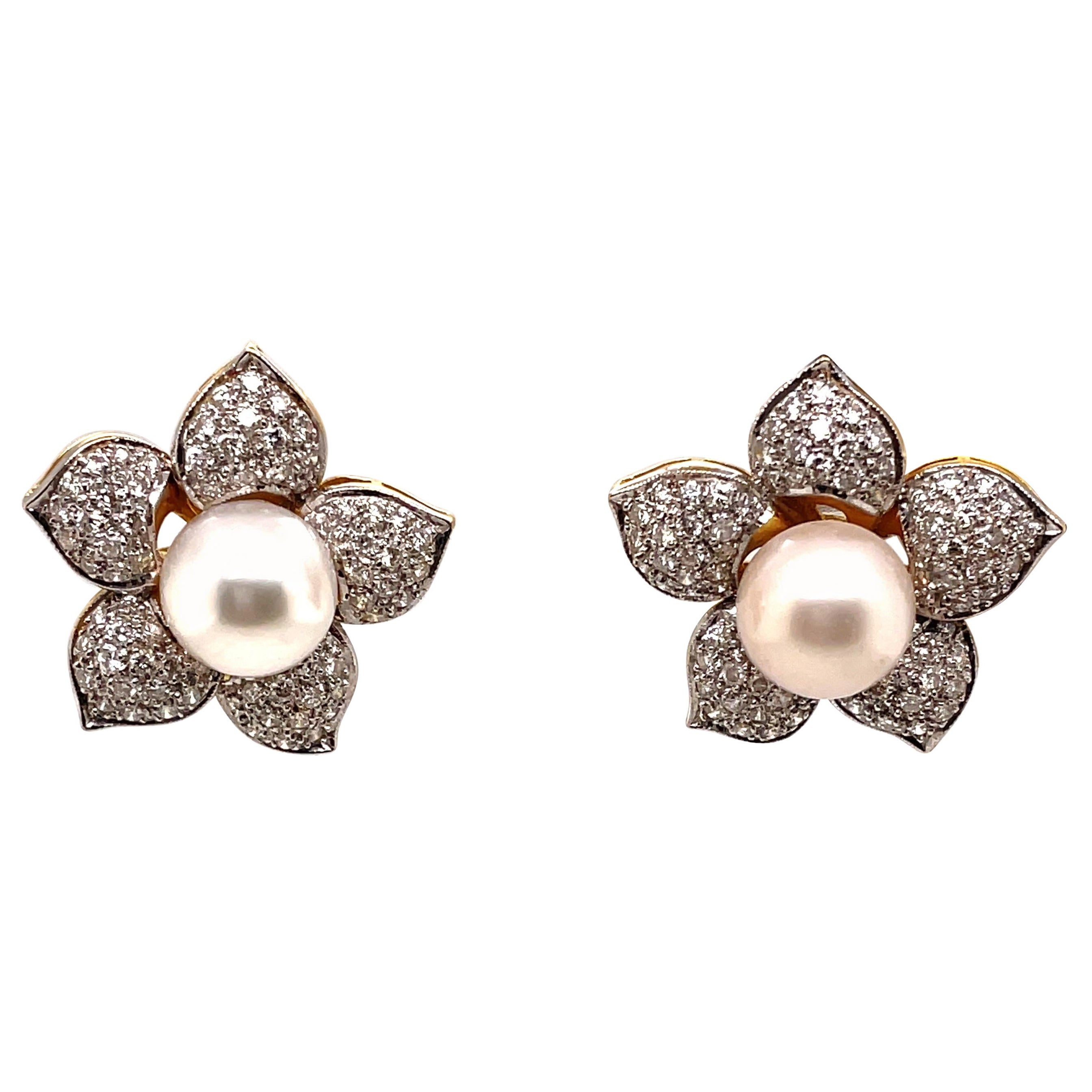 2ct Diamonds and Pearls Floral Stud Earrings White and Yellow Gold For Sale