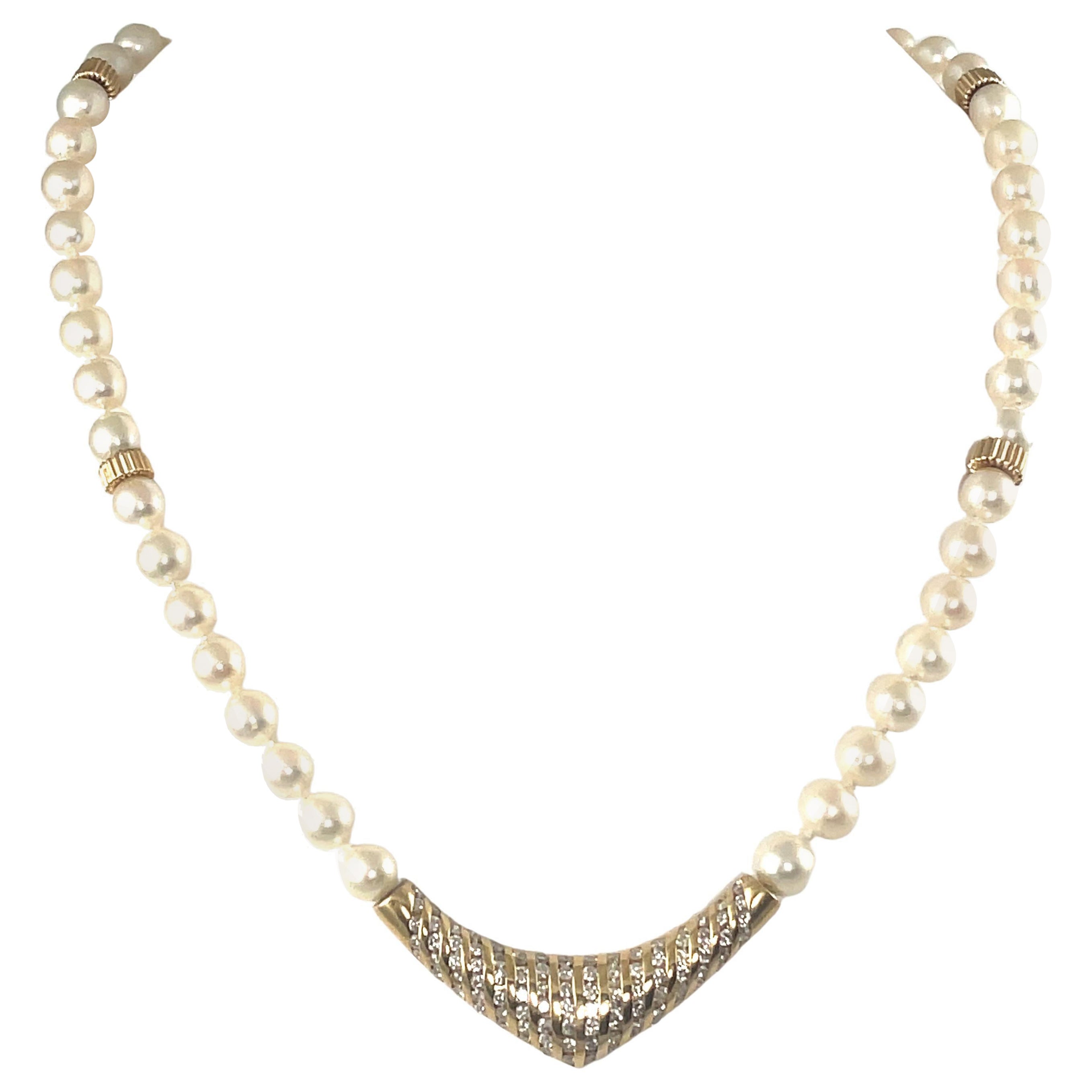 Pearl Diamond & Yellow Gold Strand Necklace  For Sale