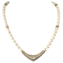 Vintage Pearl Diamond & Yellow Gold Strand Necklace 