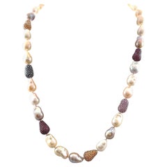 20.75ct Ruby & Multi Color Sapphire with Fresh Water Pearl Necklace 18k