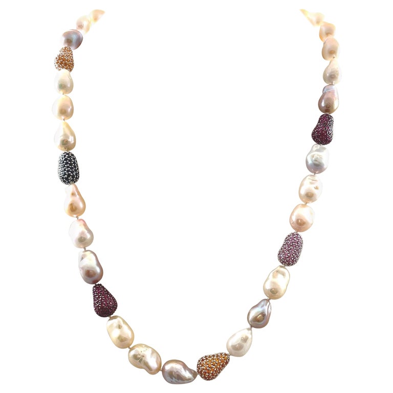20.75ct Ruby & Multi Color Sapphire with Fresh Water Pearl Necklace 18k For Sale