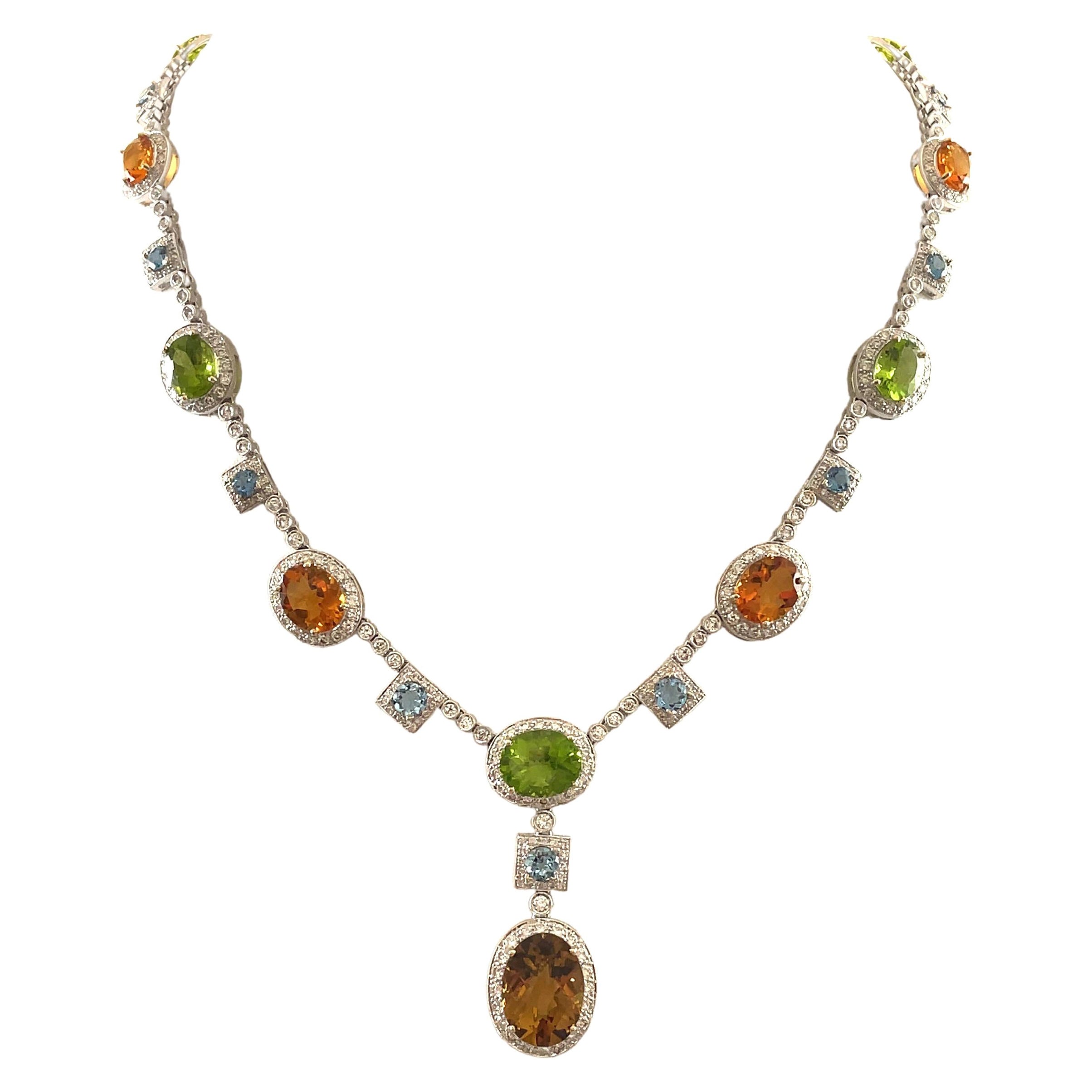 50.40ct Diamond, Aquamarine, Peridot, & Citrine Necklace 18k White Gold For Sale