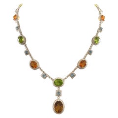 50.40ct Diamond, Aquamarine, Peridot, & Citrine Necklace 18k White Gold