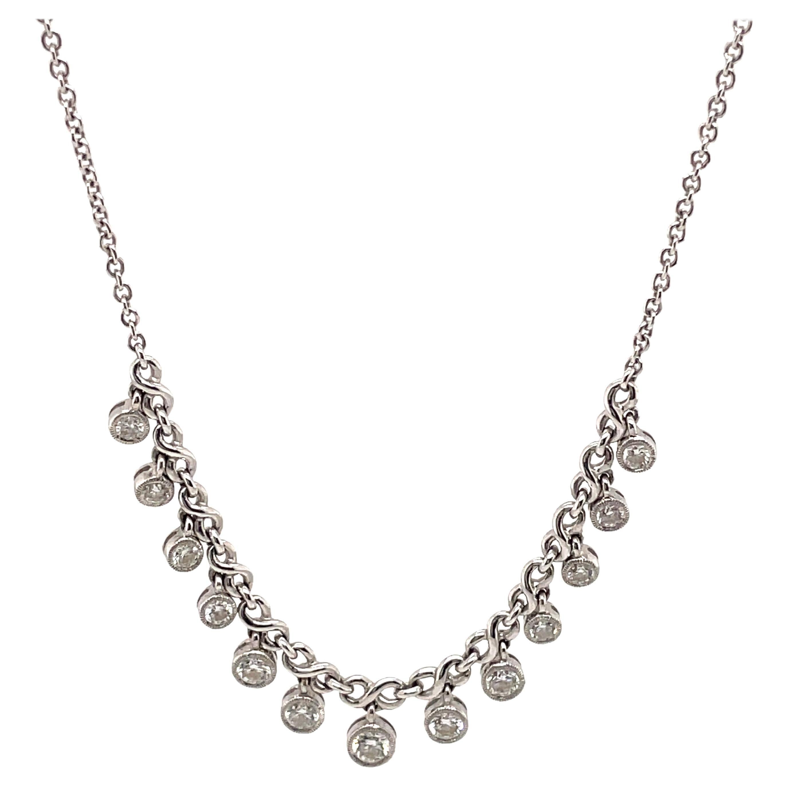 0.82ct Dangling Bezel Set Diamond Necklace 18k White Gold For Sale