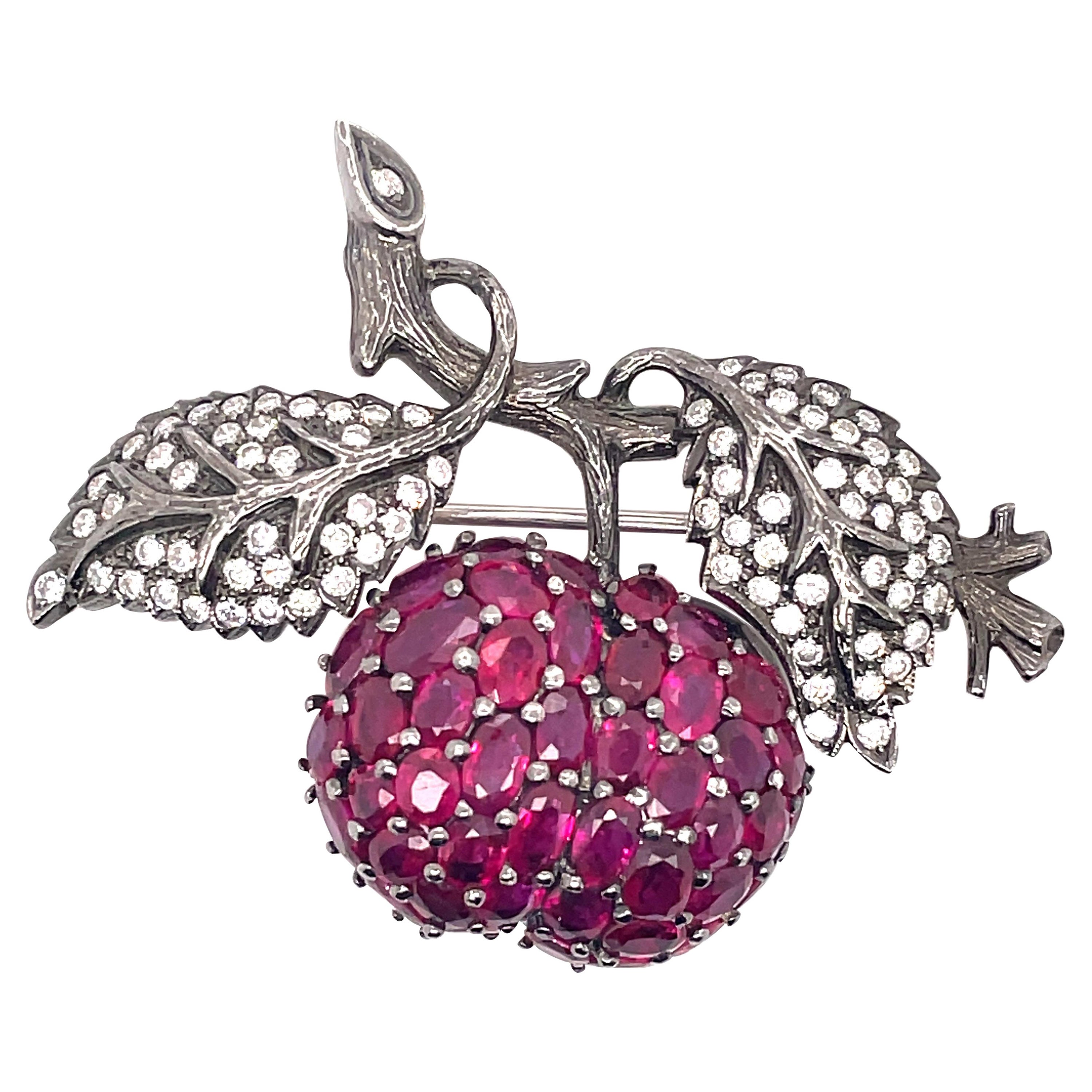Ruby and Diamond Silver Apple Brooch For Sale
