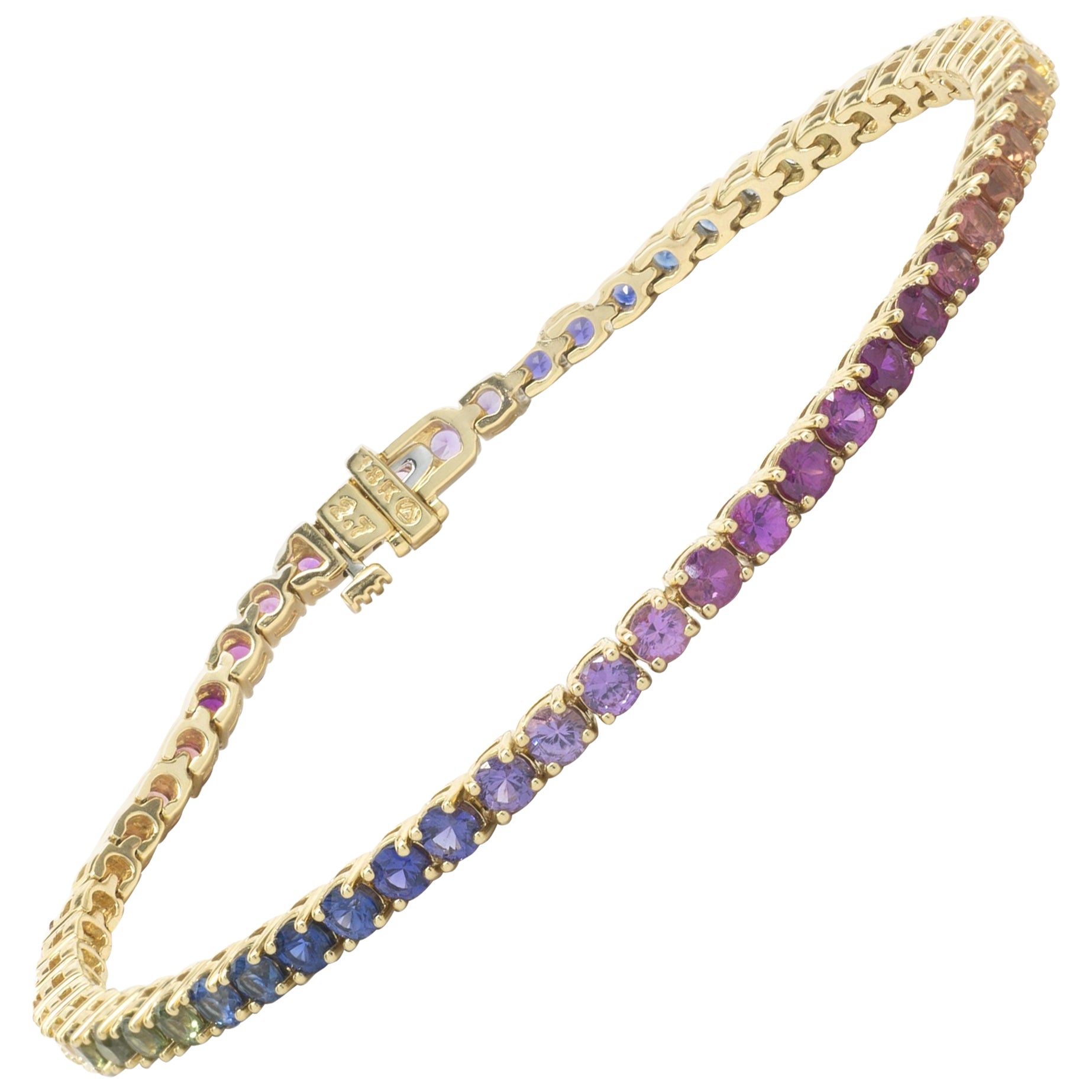 18 Karat Yellow Gold Rainbow Sapphire Tennis Bracelet For Sale