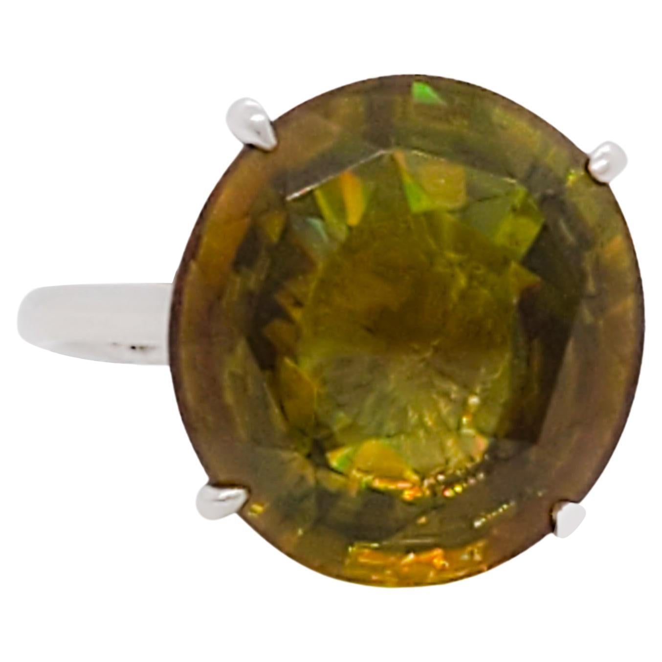 Green Sphene Round Solitaire Ring in 18k White Gold